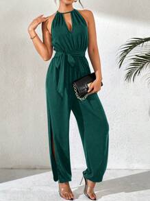 RosyDaze Women's Sleeveless Keyhole Neckline Spring/Summer Jumpsuit With Deep V-Neck, Elastic Waist, Neck Tie And Side Slit, 9/10 Length
