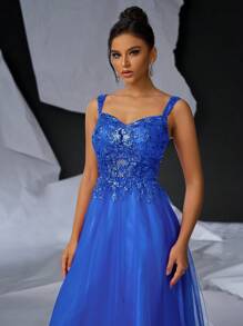 Glamrae 优雅浪漫的深红色紧身胸衣，配有透明胸罩杯和奢华的串珠刺绣装饰，多层网眼裙，下摆较大，女士晚会礼服（厚重）舞会半正式婚礼宾客礼服，适合生日、毕业典礼、返校节 - 寶藍色 - 查看 6