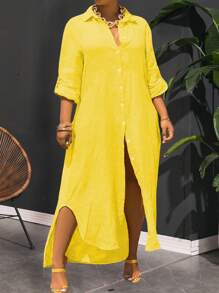 Slaydiva 大码优雅休闲夏季/秋季黄色衬衫式连衣裙，正面带纽扣-Z - 黃色 - 查看 5