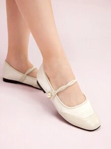 CUCCOO DOLLMOD 法式玛丽珍平底鞋配珍珠纽扣，舒适拼接芭蕾平底鞋，适合万圣节女式 - 米色 - 查看 3