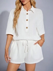 SHEIN Tall 白色編織女式休閒舒適家居襯衫領短袖上衣和高腰短褲套裝 - 白色 - 查看 5