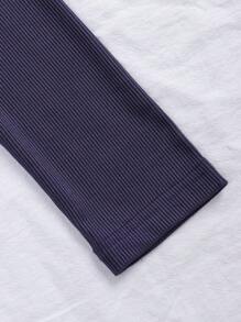 Teen Girls' Comfortable Casual Ribbed Long Sleeve Top And Long Pants Two-Piece Homewear Set, Navy Blue