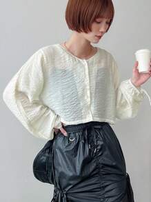 FRIFUL Women's Spring/Summer Solid Color Drawstring Lantern Sleeve Single-Breasted Cropped Shirt,Fall Women Clothes Long Sleeve Top - Beige - View 5