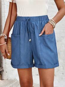 EMERY ROSE Phong cách nghỉ dưỡng Viền cuộn thường ngày, Thắt nút phía trước, Quần short denim hai túi - Màu xanh lam - Xem 1