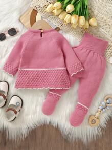Pink Baby Girls' Sweater Set, Cute Bowknot, Wavy Hem, Long Sleeve, High Neck, Belly Protection, Long Pants, Top And Bottom Two-Piece Set - Pink - View 2