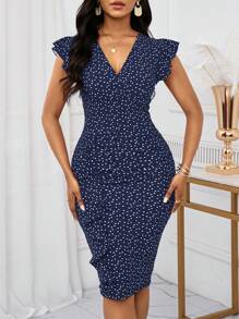 SHEIN Lady Vestido con volantes con estampado de lunares para uso en la oficina para mujeres - Azul Marino - Ver 6