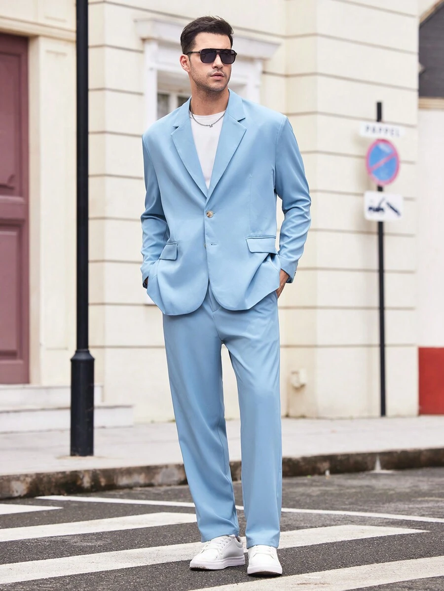 Manfinity VCAY 2 chiếc áo khoác nam dệt kim tích hợp áo khoác thường ngày và quần váy eo thẳng, dài, thích hợp cho mùa xuân, mùa hè và mùa thu - Màu xanh nhạt - Xem 1