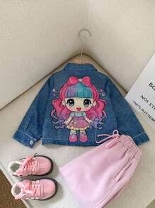 SHEIN Young Girls Cartoon Graphic Denim-Effect Print Jacket For Spring & Autumn - Blue - View 2