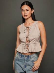 WESTFADE Striped Tie Front Bow Top - Olive Green - View 6