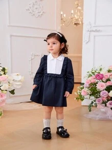 SHEIN Baby Girls' Elegant Vintage Black & White Patchwork Dress, Autumn/Winter - Navy Blue - View 4