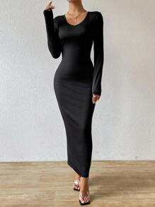 Chiquease Women's V-Neck Bodycon Knitted Dress - Black - View 4