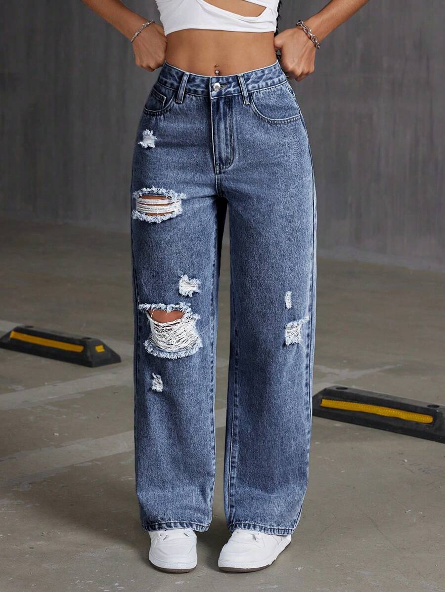 女士直筒口袋破洞牛仔褲，水洗色 - 深色水洗藍 - 查看 1
