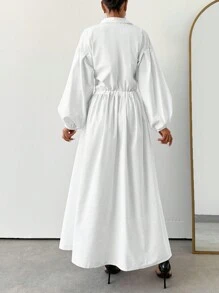 EURMUSE Maxi Lenght, Drawstring Belt Detailed Shirt Dress - White - View 3