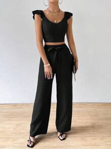 SHEIN Clasi Bộ áo crop top cổ chữ V màu trơn viền ren và quần dài có cà vạt phía trước - màu đen - Xem 3