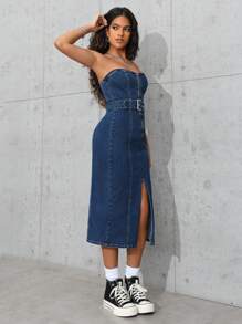 SHEIN PETITE 纯色拉链牛仔露肩连衣裙 - 藍色 - 查看 5