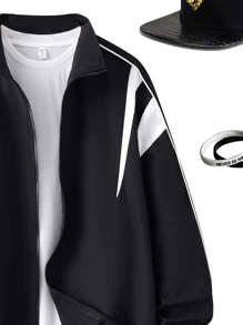 SHEIN Áo khoác chống gió khối màu thông thường dành cho nam thiếu niên có dây rút cổ trắng và lớp phủ màu đen, thích hợp cho mùa thu, mùa đông, ấm áp, trường học, trường đại học, ở nhà, hàng ngày, chạy bộ và thể thao, đa năng và đơn giản, thích hợp cho các hoạt động ngoài trời. - màu đen - Xem 5