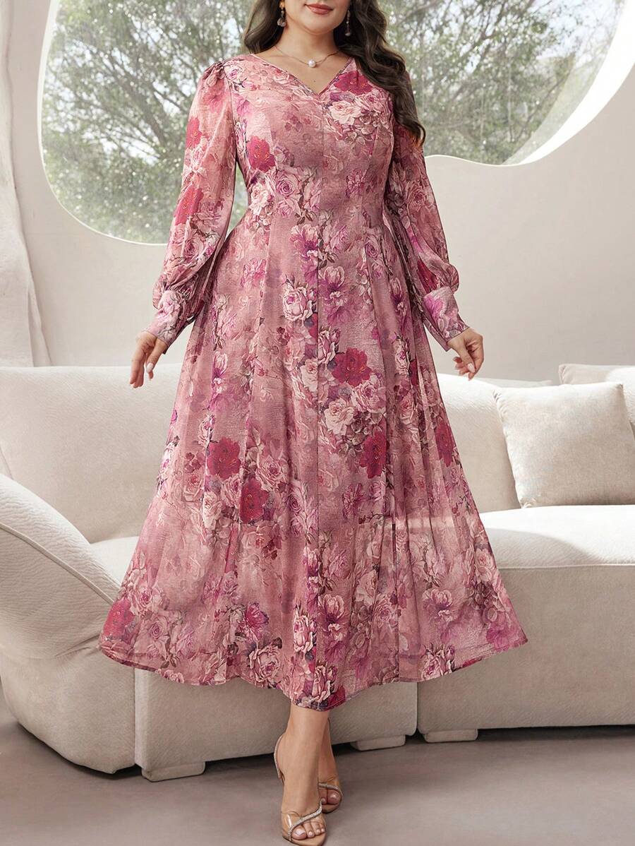 Modelyn Đầm dạ hội dài tay đèn lồng họa tiết hoa thanh lịch - Nhiều màu - Xem 1