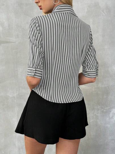 SHEIN TRNDY American Style Simple & Exquisite Retro Casual Striped Slim Fit Y2k Women's Shirt With False Pocket And 3/4 Sleeve