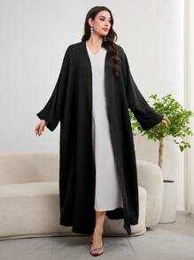 Al Najma 女士纯色简约日常朴素长袖阿拉伯长袍 - 黑色 - 查看 3