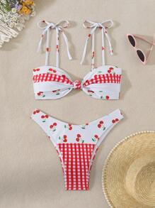 SHEIN Swim 女款夏季沙灘櫻桃印花扭結性感二件式比基尼泳裝套裝 - 紅白色 - 查看 1