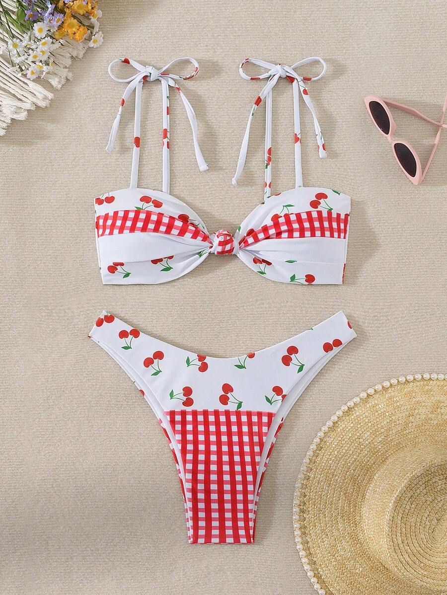 SHEIN Swim 女款夏季沙灘櫻桃印花扭結性感二件式比基尼泳裝套裝 - 紅白色 - 查看 1