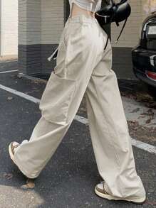 DAZY Women's Super Wide-Leg Low Waist Pants With Belt And Large Pockets - Apricot - View 4