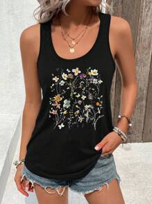 INAWLY Top de tirantes informal y elegante estampado con flores y hierba para mujeres - Negro - Ver 3