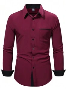 Manfinity Mode Men's Spring/Summer Color Block Long Sleeve Pocketed Casual Dress Shirt For Work Or Leisure, For Husband, Work, Red Dress Shirt For Men, Dark Red Shirt, For Fall - Burgundy - View 6