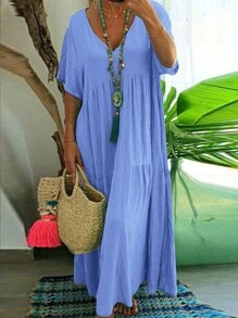 Plus Size Casual Loose V-Neck Solid Color Dress For Women, For Summer - 淺藍色 - 查看 1