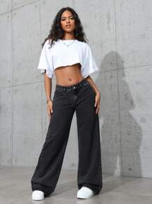 SHEIN ICON 女式直筒宽松休闲黑色牛仔裤，带口袋，百搭 - 黑色 - 查看 4