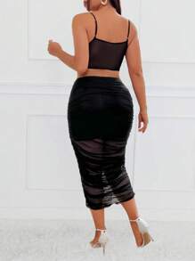 SHEIN Unity Plus Size Solid Color Spaghetti Strap Semi-Sheer Cami Top & Mesh Insert Skirt Set - Black - View 2