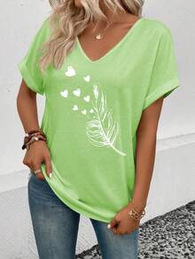 INAWLY Áo thun nữ cổ chữ V có tay gấp in hình lông vũ mùa hè - màu xanh lá - Xem 4