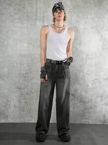 Manfinity Denimwave Jeans holgados de pierna ancha de color gris oscuro, jeans cargo negros lavados llanos largos para regalos de esposo o novio