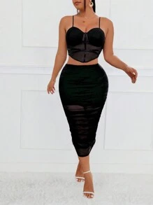 SHEIN Unity Plus Size Solid Color Spaghetti Strap Semi-Sheer Cami Top & Mesh Insert Skirt Set - Black - View 5