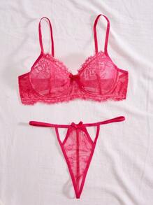 2pcs Women's Sexy Lace Underwear Set With Underwire Padding - Hot Pink - View 5