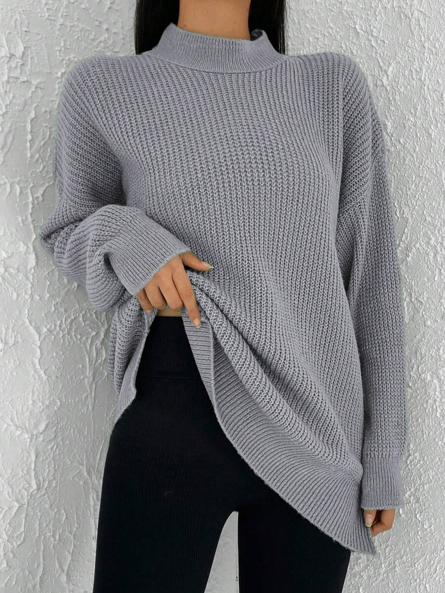 SHEIN Cottnline Mock Neck Drop Shoulder Split Hem Sweater - Grey - View 1