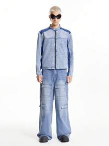 Chillumni Men's Light Blue Denim Motorcycle Jacket - Light Wash - View 10