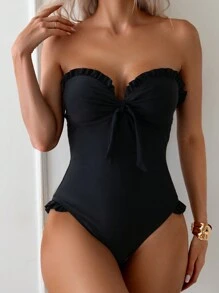 SHEIN Swim Đồ bơi một mảnh có nút thắt phía trước đi biển mùa hè dành cho nữ - màu đen - Xem 1