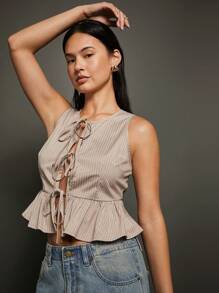 WESTFADE Striped Tie Front Bow Top - Olive Green - View 3