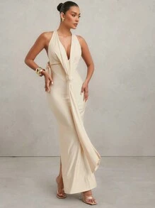 SHEIN Unity Plunge Neck Front Knot & Back Slit Sleeveless Dress - Apricot - View 2