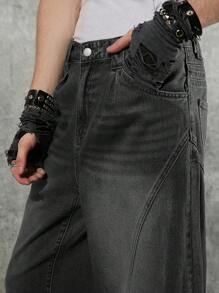 Manfinity Denimwave Jeans holgados de pierna ancha de color gris oscuro, jeans cargo negros lavados llanos largos para regalos de esposo o novio
