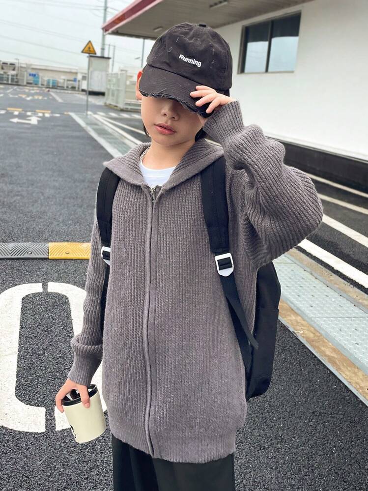 Kids Casual Hooded Cardigan Sweater Loose Knitted Open Front Sweater Long Sleeve For Tween Boys for Sale New Zealand New Collection Online SHEIN New Zealand