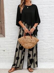 EMERY ROSE Summer Holiday Leisure Solid Color Asymmetrical Hem Shirt And Color-Block Striped Circle Print Long Pants 2pcs/Set - Black - View 2