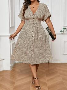 SHEIN Frenchy Plus Size Leopard Print Batwing Sleeve V-Neck Cinched Waist Country Midi Dress - Multicolor - View 1