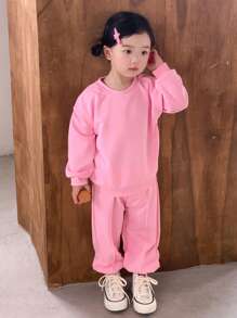 SHEIN Fashionable Baby Girls' Loose-Fitting Sports & Casual Wear, Simple And Clean Style, Long Sleeve Top And Pants Set - Pink - View 4