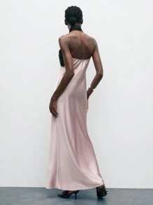 Maija 女士交叉领口开衩黑色和粉色拼色连衣裙，优雅合身的春夏季节日派对装，适合情人节 - 粉色 - 查看 2