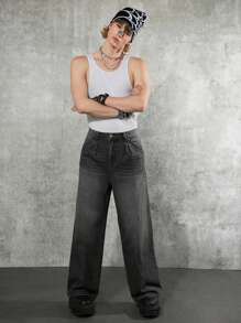 Manfinity Denimwave Jeans holgados de pierna ancha de color gris oscuro, jeans cargo negros lavados llanos largos para regalos de esposo o novio