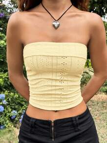 SHEIN EZwear 夏季白色針織緊身無肩帶頂部，配上空洞刺繡。 - 黃色 - 查看 4