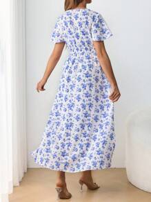 SHEIN Maternity Casual V-Neck Short Sleeve Flared Waist Tie Midi Dress With Side Slit