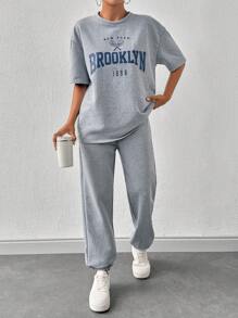 EURMUSE Women Solid Color Printed T-Shirt & Sweatpants - Light Grey - View 3